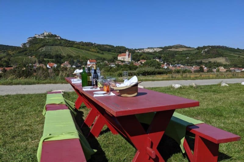 Picknicktisch mit Aussicht auf die Burgruine Falkenstein