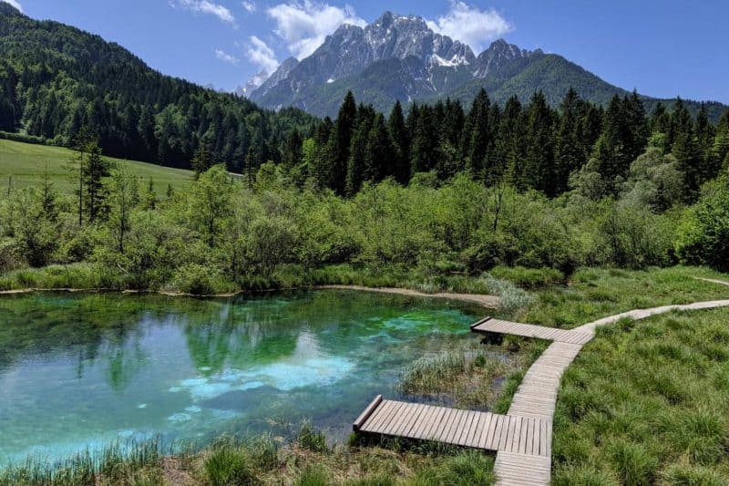 Zelenci-See mit Bergen im Hintergrund