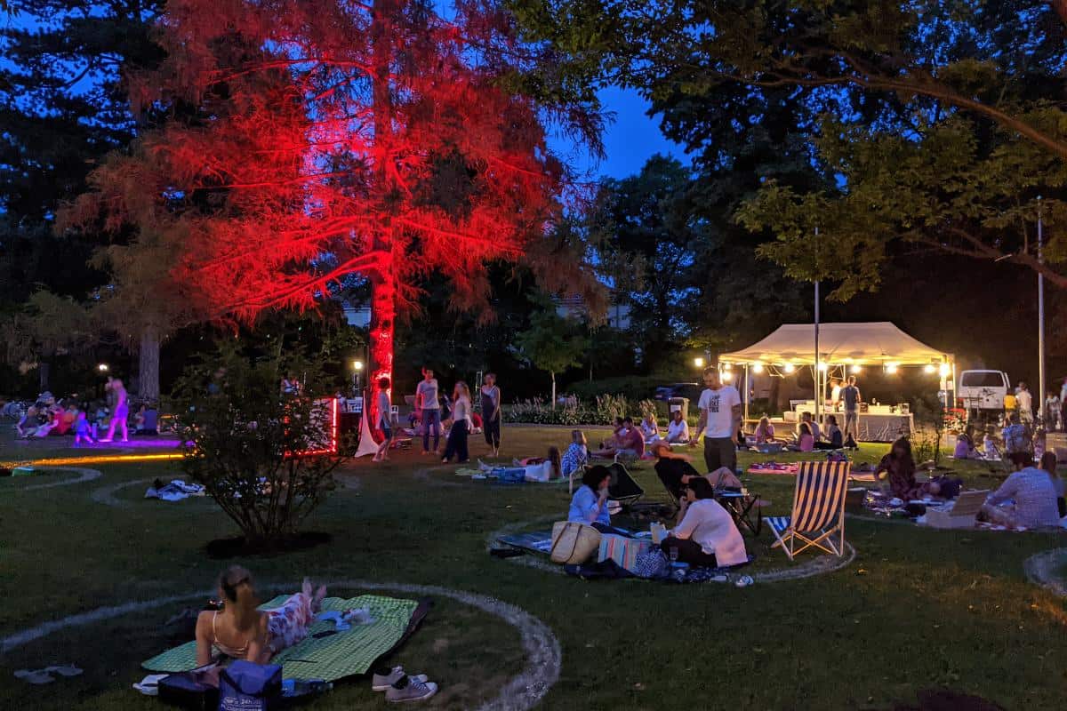 Leute beim Mondscheinpicknick im Doblhoffpark