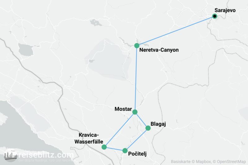 Roadtrip durch Bosnien und Herzegowina - Routenkarte