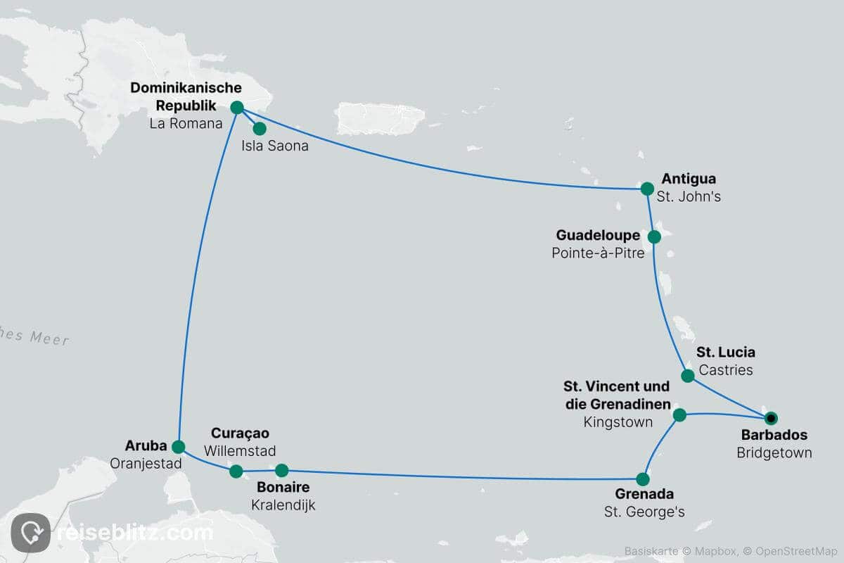 Zwei Wochen Karibikkreuzfahrt Routenkarte