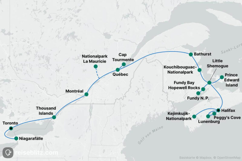 Ostkanada-Roadtrip Routenkarte