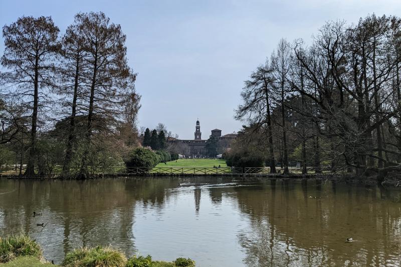 Teich mit Enten im Parco Sempione in Mailand. Im Hintergrund das Castello Sforzesco.