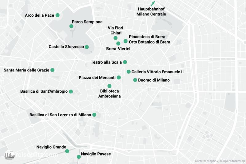 Landkarte mit Sehenswürdigkeiten für Mailand in zwei Tagen