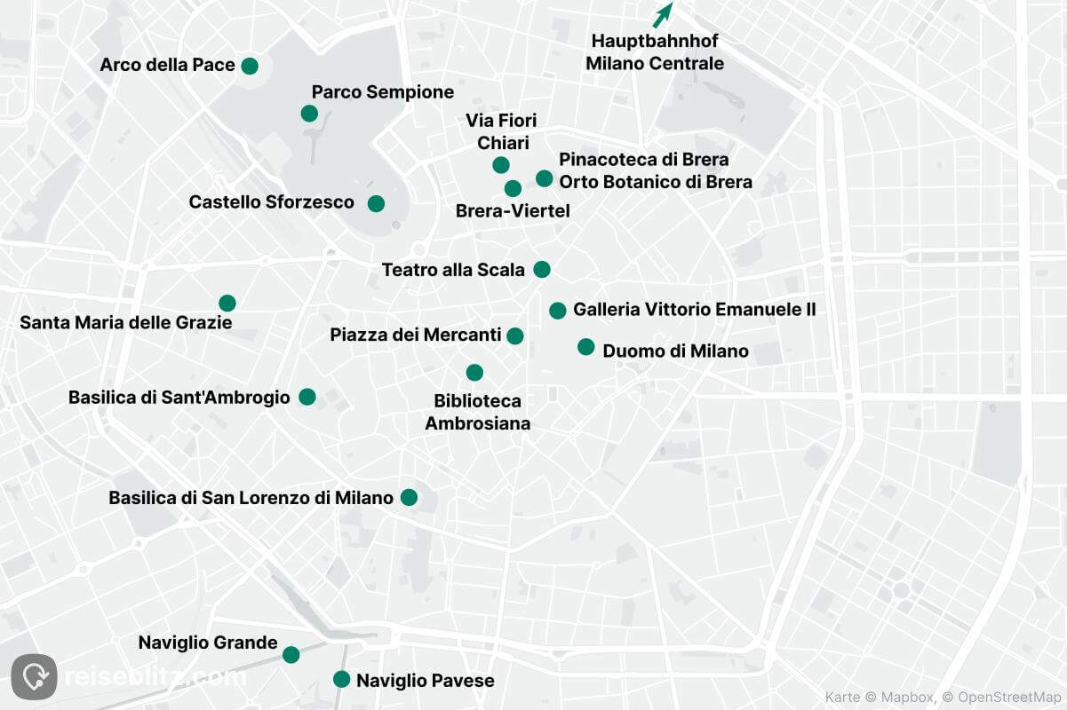 Landkarte mit Sehenswürdigkeiten für Mailand in zwei Tagen