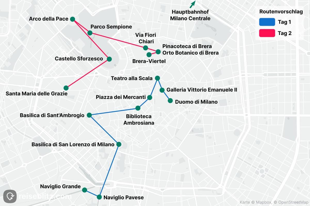 Landkarte mit Routenvorschlägen für Mailand in zwei Tagen