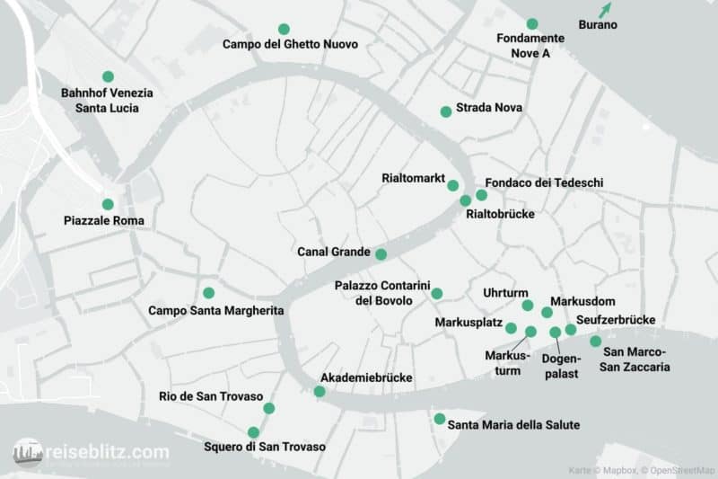 Landkarte mit Sehenswürdigkeiten für ein Wochenende in Venedig