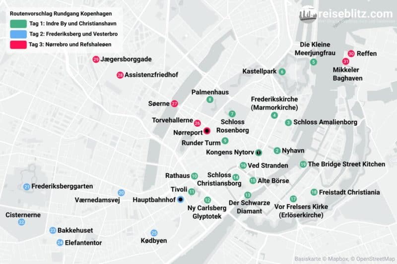 Übersichtskarte Routenvorschlag Rundgang Sehenswürdigkeiten Kopenhagen