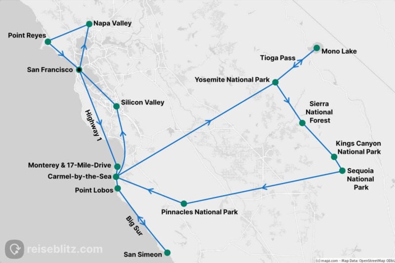 Routenkarte mit den Stationen unseres Kalifornien-Roadtrips