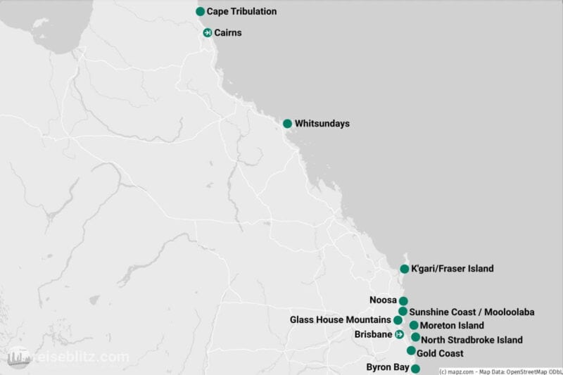 Landkarte der Reisestationen in Queensland, Australien