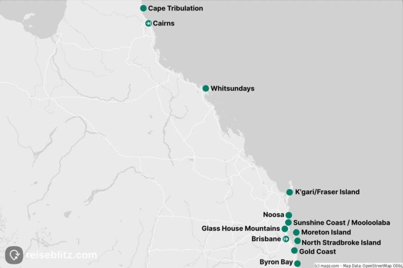 Landkarte der Reisestationen in Queensland, Australien