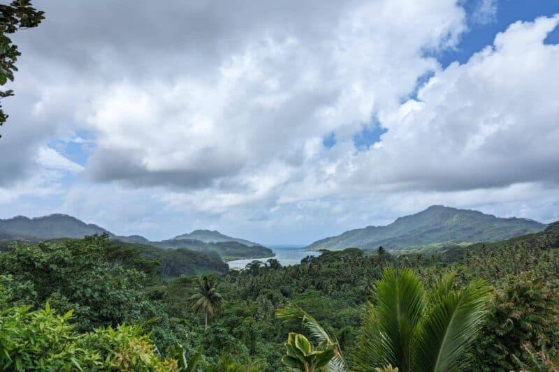 Blick vom erhöhten Aussichtspunkt über saftig grüne Vegetation auf eine schmale Bucht mit Bergen im Hintergrund