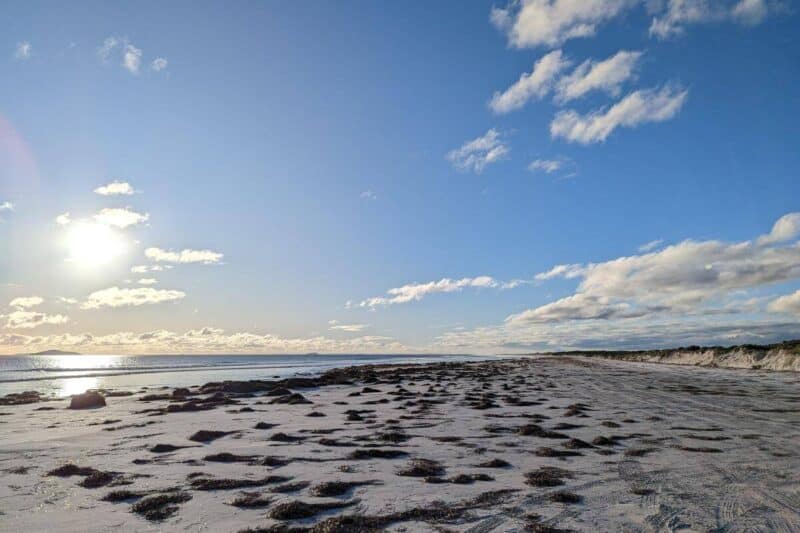 Der kilometerlange Cape Le Grand Beach mit Seegras auf dem weißen Sand und tiefstehender Sonne