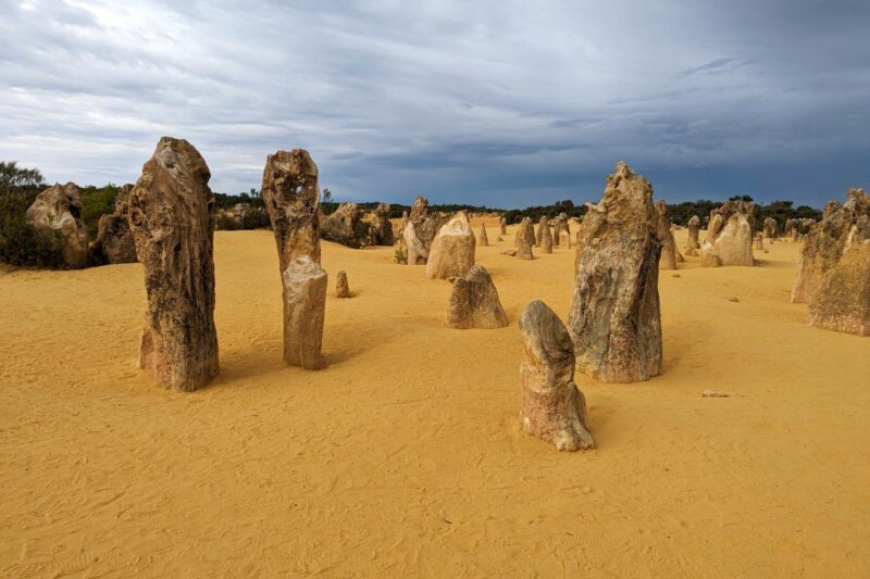 Die Felsnadeln der Pinnacles ragen aus dem gelben Sandboden