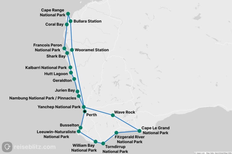 Routenkarte mit den Stationen unseres Westaustralien-Roadtrips