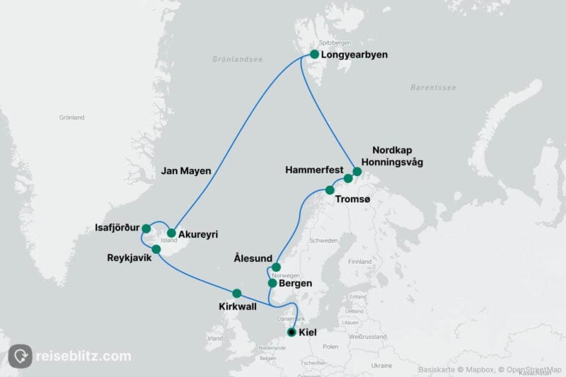 Routenkarte unserer Nordatlantik-Kreuzfahrt