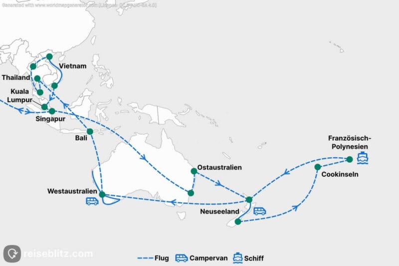 Reisekarte mit der Route für unser Sabbatical