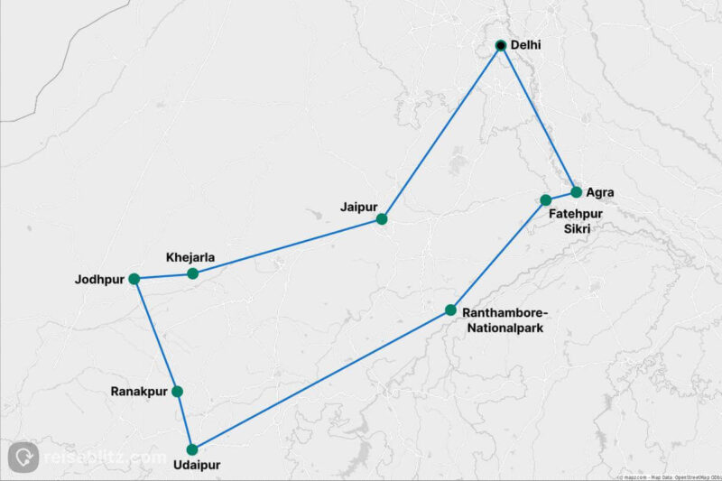 Routenkarte der Rajasthan-Rundreise in 2 Wochen mit Stopps in Delhi, Jaipur und Udaipur.
